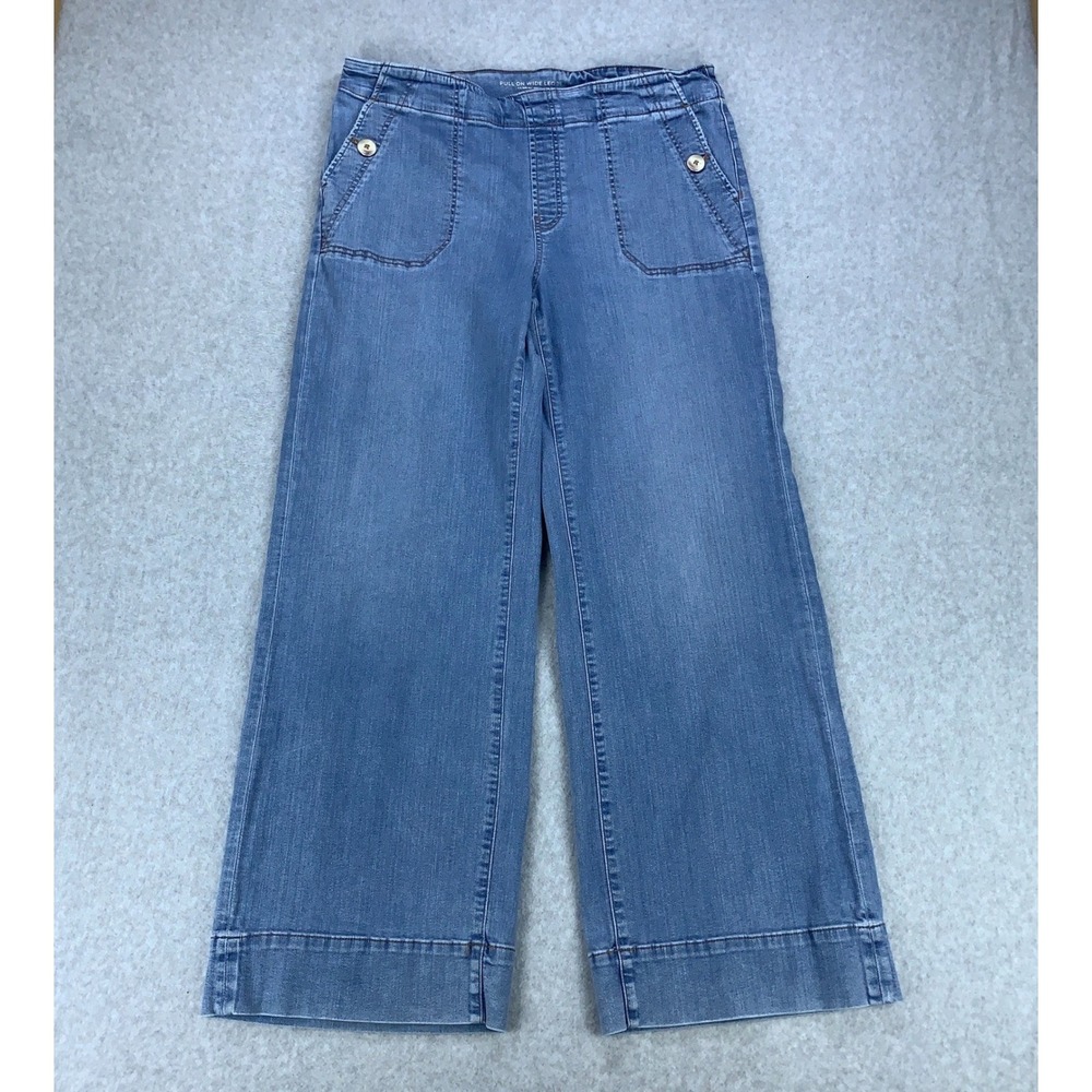 Chico's Pull On Wide Leg Jeans Womens 14R Blue Denim Stretch High Rise Boho